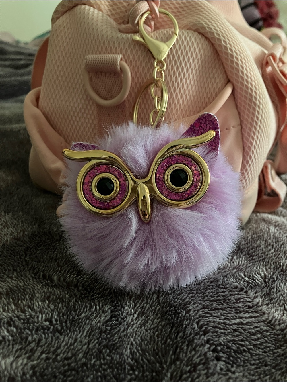 Lilac Faux Fur Owl Keychain Charm